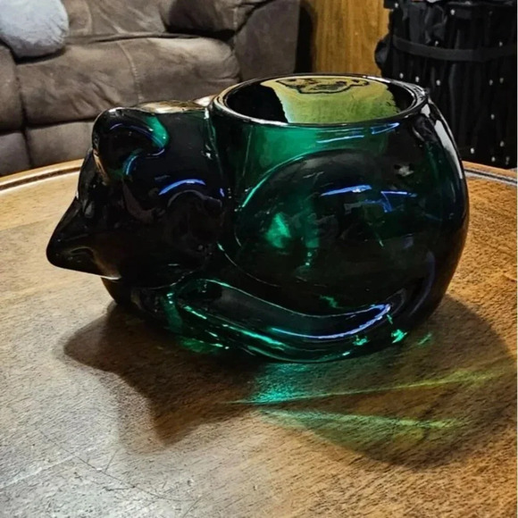 Vintage Indiana Glass Emerald Green Sleeping Cat Votive Tea Light Holder - Picture 7 of 8